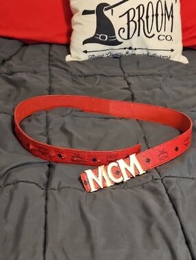 MCM Red Leather Logo Belt with Gold-Tone Buckle Made In Italy